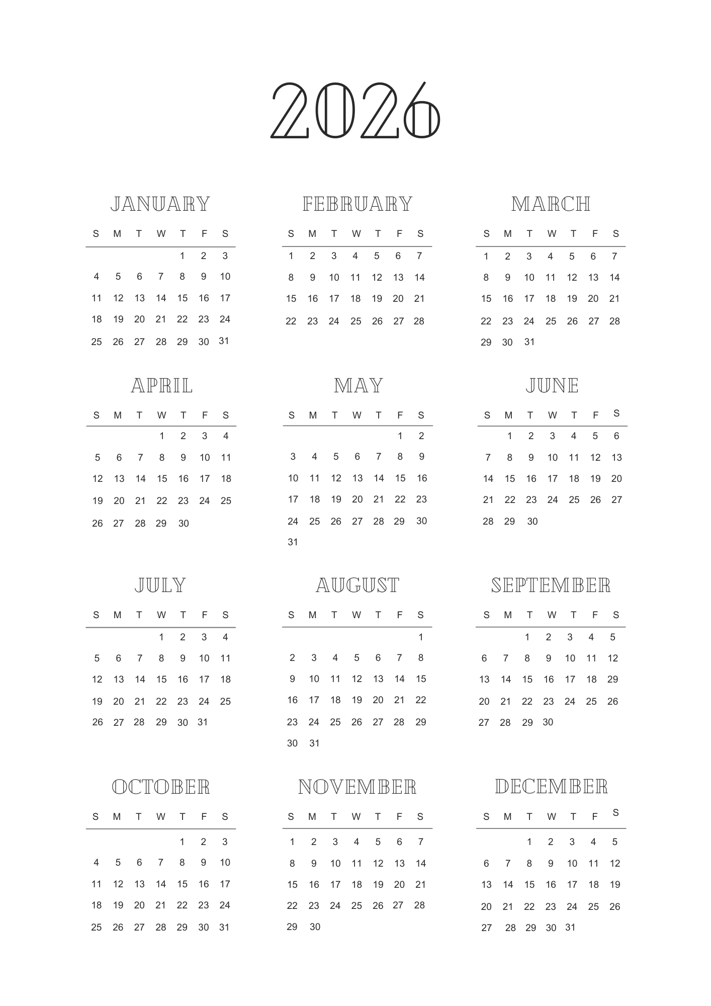 2026 Yearly Calendar – Printable PDF | Minimal Digital Calendar | NoteBloom