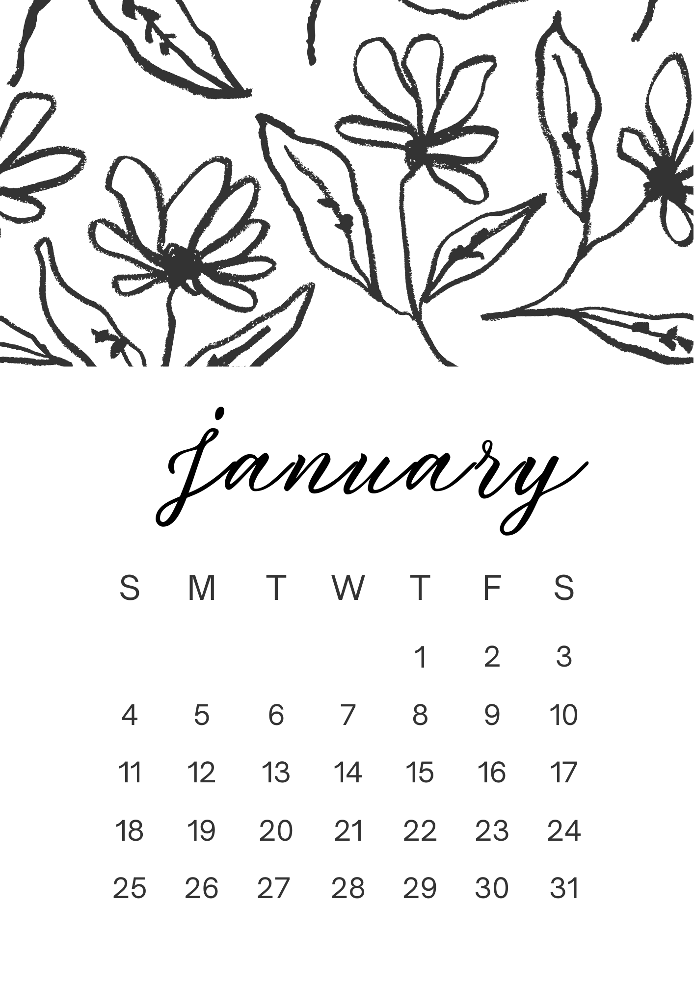 2026 Floral Monthly Planner – 12 Pages | Black & White Digital Planner | NoteBloom