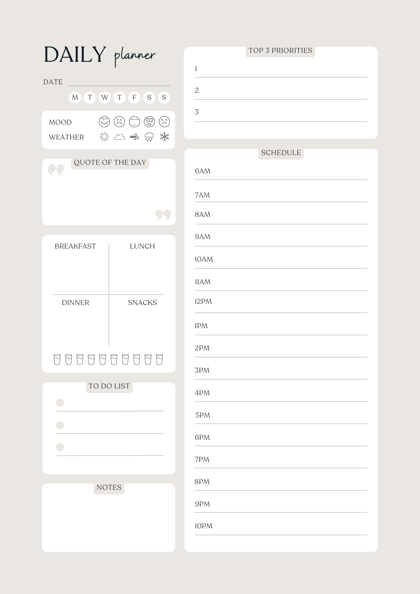 Daily Planner Notes – Printable PDF | Schedule, To-Do & Weather | NoteBloom