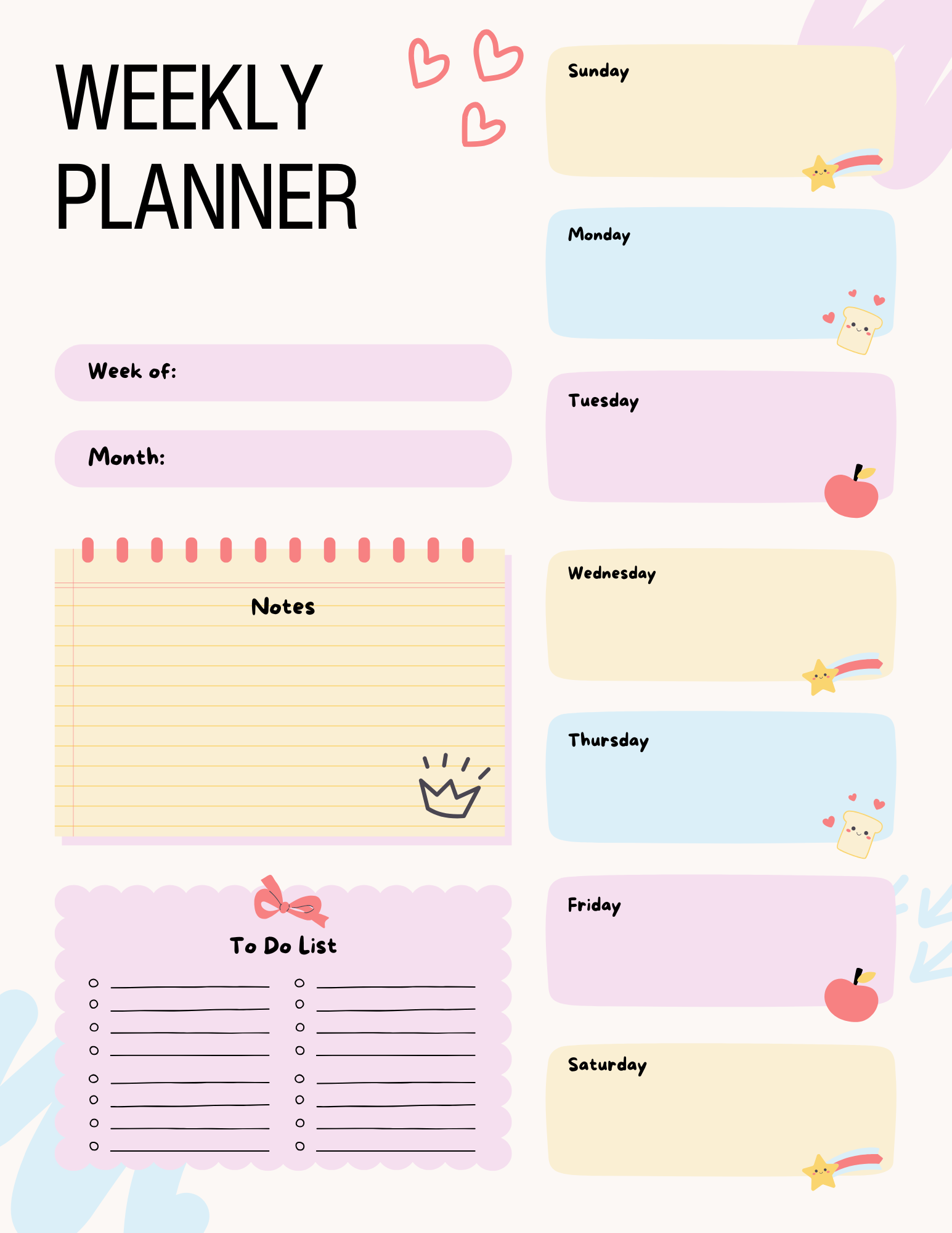 Colorful Cute Personal Weekly Planner – One Page | Illustrative Digital Planner | NoteBloom