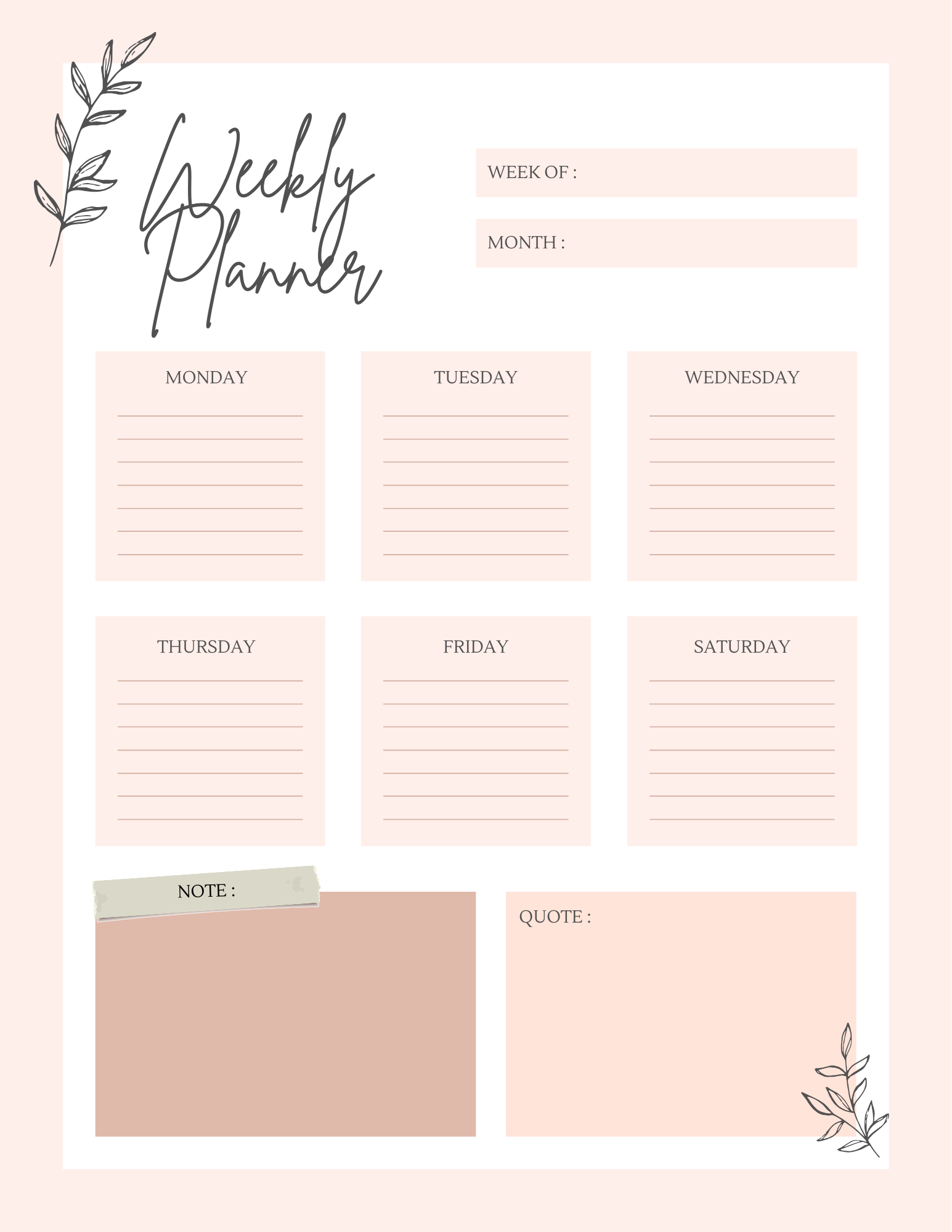 Cute Pink Weekly Planner – One Page | Minimal Weekly Planner | NoteBloom