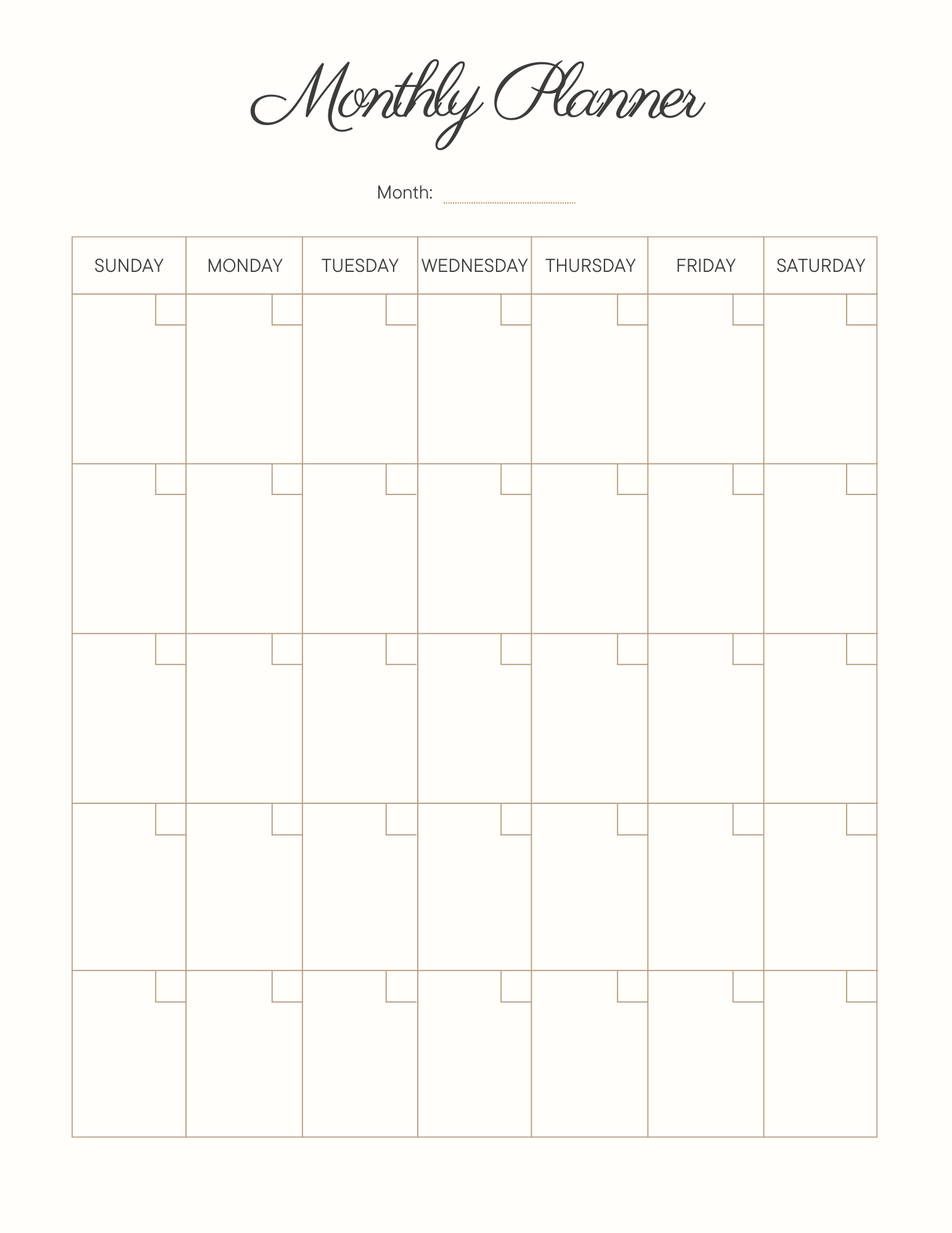 Modern Black Monthly Planner – One Page US Letter PDF | NoteBloom