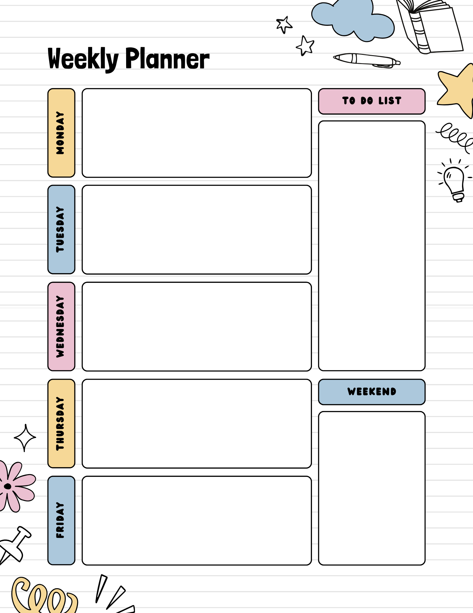 Weekly Lesson Planner – Cute Pastel Doodle Style | NoteBloom
